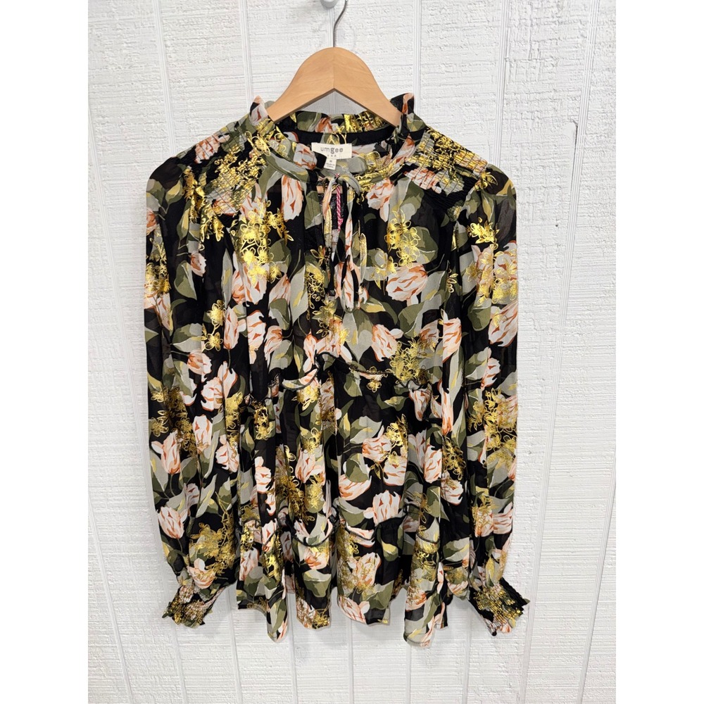 Umgee Floral Metallic Smocked Ruffle Neck Peplum Blouse Womens Black Gold M